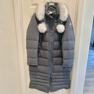 Moose Knuckles women’s Saskatchewan parka, granite with white real fur trim, XXL